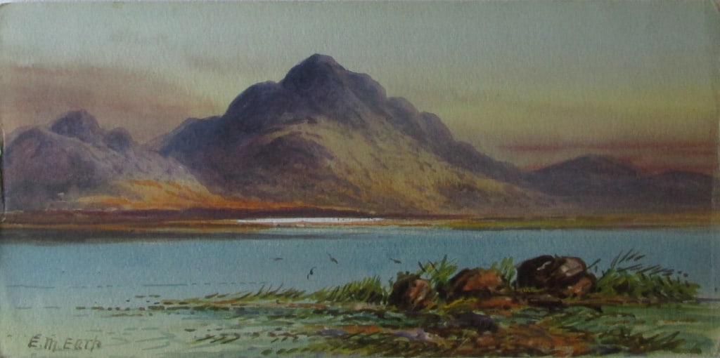 Scotland Mountain Lake- Edwin Earp (1851-1945): Scottish Hills A Scottish watercolor. Artist: Edwin Earp - 1851 - 1945 Medium: Watercolor Date: 19th/20th century Signed: E. M. Earp Origin: British Size: 6 x 12" Provenance: Estate of artist