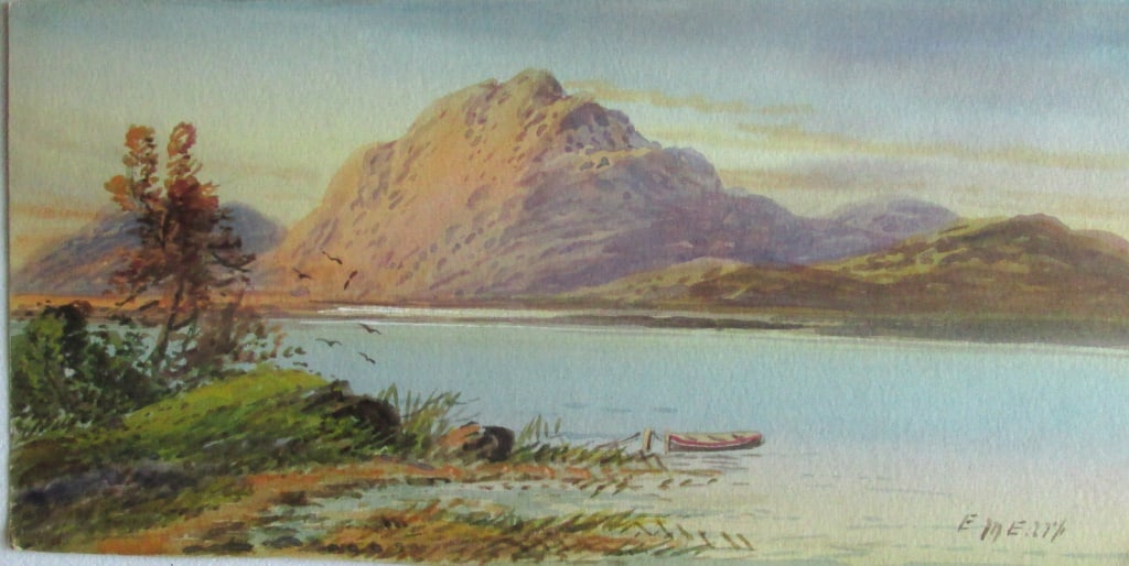 Scotland Mountain Lake- Edwin Earp (1851-1945): Scottish Hills A Scottish watercolor. Artist: Edwin Earp - 1851 - 1945 Medium: Watercolor Date: 19th/20th century Signed: E. M. Earp Origin: British Size: 6 x 12" Provenance: Estate of artist