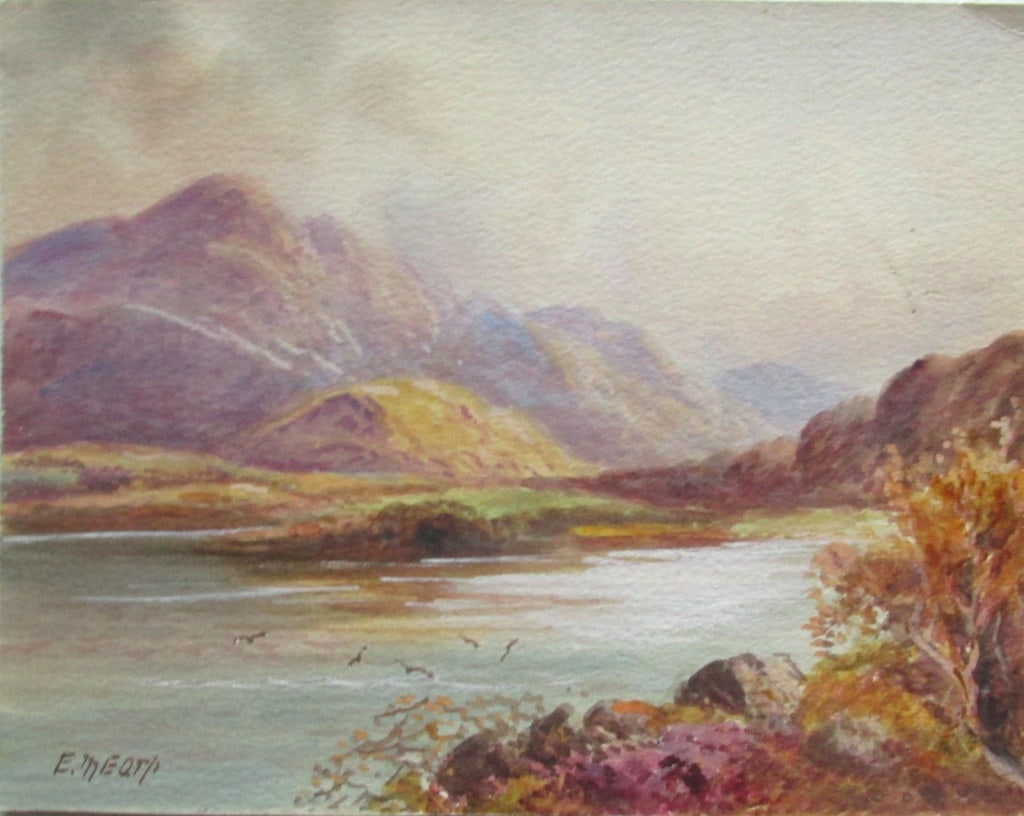 Mountains of Scotland - Edwin Earp (1851-1945): Loch Tay (or) Long Area A Scottish watercolor. Artist: Edwin Earp - 1851 - 1945 Medium: Watercolor Date: 19th/20th century Signed: E. M. Earp Origin: British Size: 9 x 7" Provenance: Estate of artist