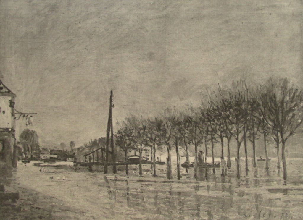 L'Inodation - Alfred Sisley: L'Inodation - Alfred Sisley This gravure is from Art Francais - Exposition d'Art decoratif ontemporain 1800 - 1885. Organisee par Madame la Cometesse Greffulhe, Presidente. Com