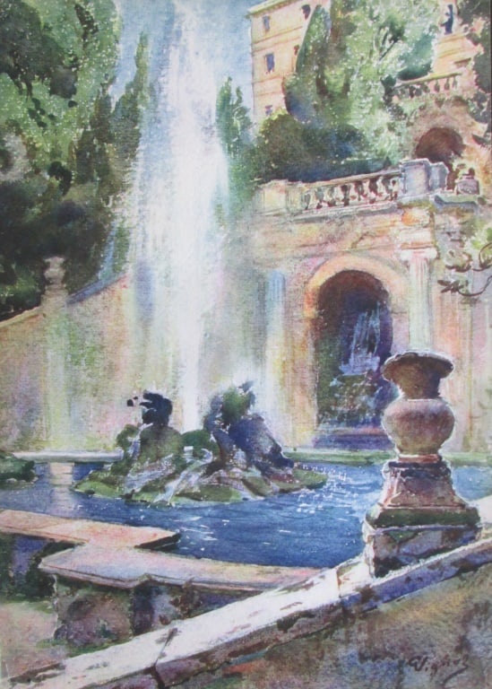 Tivoli - Fountain in Villa D"Este - Pierre Vignal: Tivoli - Fountain in the Villa D"Este From Water Color Renderings Gardens of Rome - Pierre Vignal Portfolio Artist: After Pierre Vignal 1855 - 1925 Print Type: