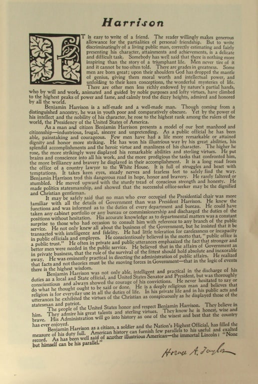 Tribute to President Benjamin Harrison: Tribute to President Benjamin Harrison Artist: After Gilbert Stuart Print Type: Photogravure Date: 1907 Publisher: Bureau of National Literature