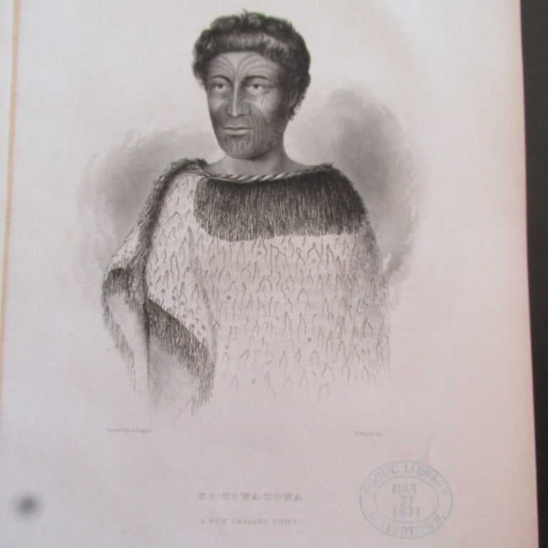 Ko-Towa-Towa A New Zealand Chief: Ko-Towa-Towa A New Zealand Chief With Oval Watertown Library Stamp March 27, 1871 Print Type: Engraving Date: Circa 1841 - 1854 Dimensions: 10 1/2