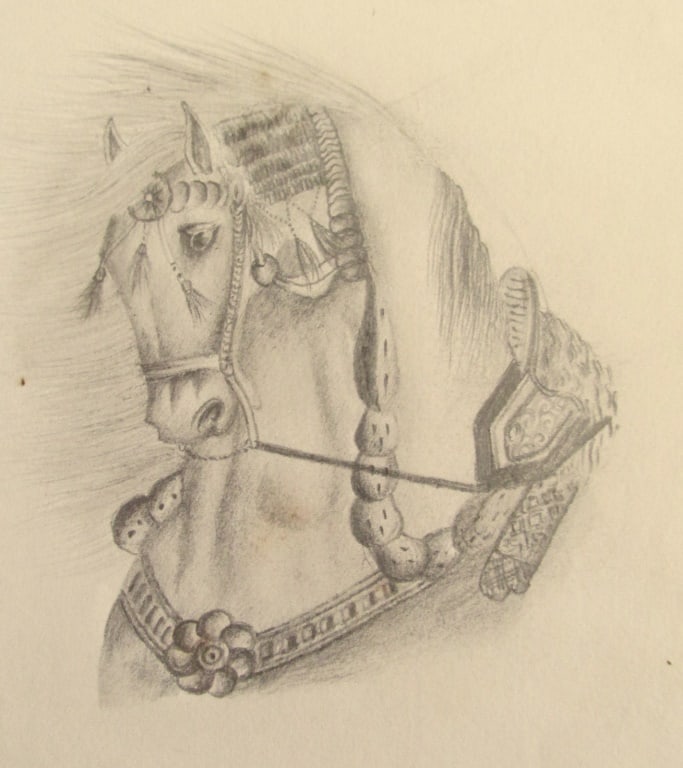 Graphite of Finely Mounted Horse: Graphite of Finely Mounted Horse Probably British. Greatly detailed sketch, Has unreadable pressed seal in upper left corner. Medium: Graphite Date: ND Ci