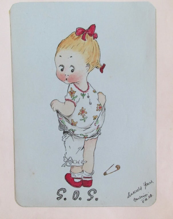 SOS - Watercolor of Girl in Bloomers: SOS - Watercolor of Girl in Bloomers Possibly Illustration Art. Mounted on stiff paper Artist: Illegiible Medium: Watercolor Date: 5/12/1923 Signed: Illegible Size: 6 1/2 x 4 1/2" Condition: Very