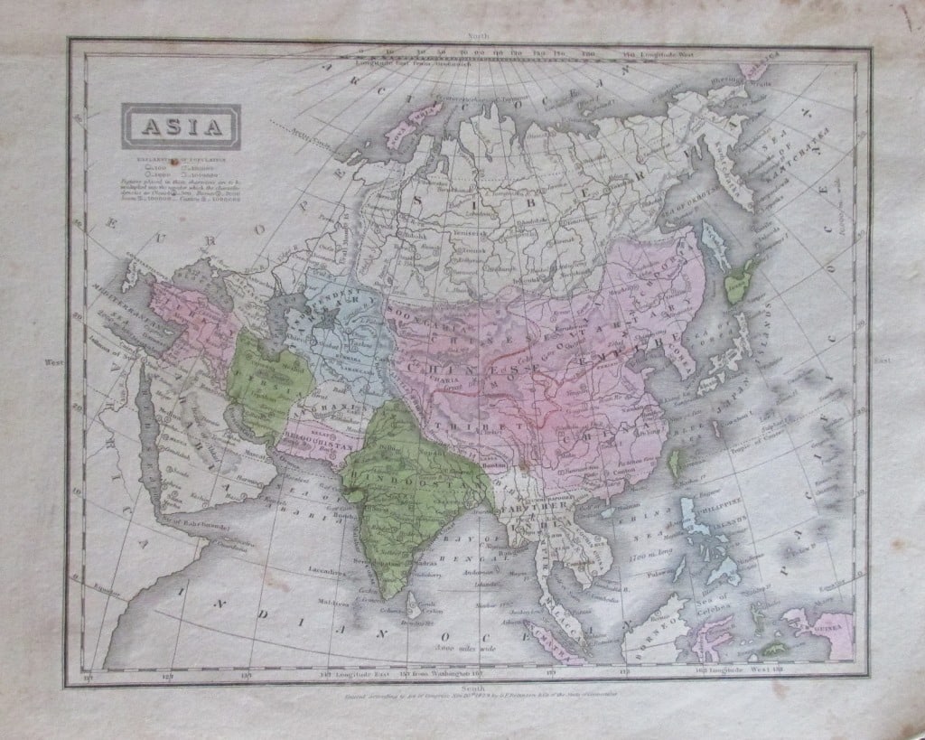 Early Map of Asia 1829: Map of Asia Hand Colored Map. Cartographer: E. Huntington Publisher D. F. Robinson Dated: 1829 Dimensions: 11 x 8" Condition Repor