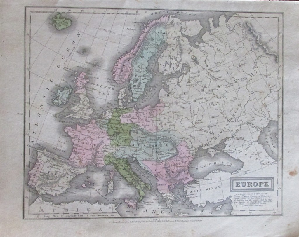 Early Map of Europe 1829: Map of Europe Hand Colored Map. Cartographer: E. Huntington Publisher D. F. Robinson Dated: 1829 Dimensions: 11 x 8" Condition Rep