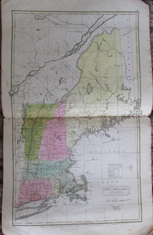 Map of New England States 1830: Map of New England States Hand Colored Map. Cartographer: E. Huntington Publisher H & F J Huntington Dated: 1830 Dimensions: 18 x 10 1/2"