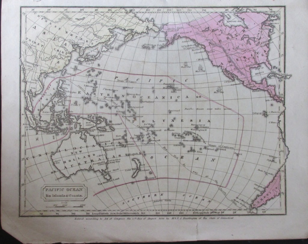 Map of The Pacific Ocean - It's Islands and Coasts: Map of The Pacific Ocean - It's Islands and Coasts Hand Colored Map. Cartographer: E. Huntington Publisher H & F J Huntington Dated: 1830 Di