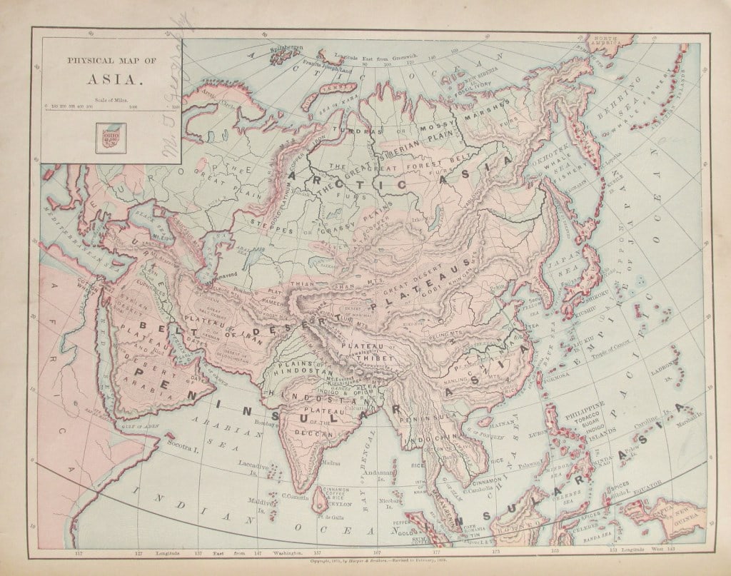 Map of Asia: Physical Map of Asia Color Map. Publisher Harper Brothers Dated: Circa 1888 Dimensions: 12 x 9" Condition Report Text on verso. Good Plus