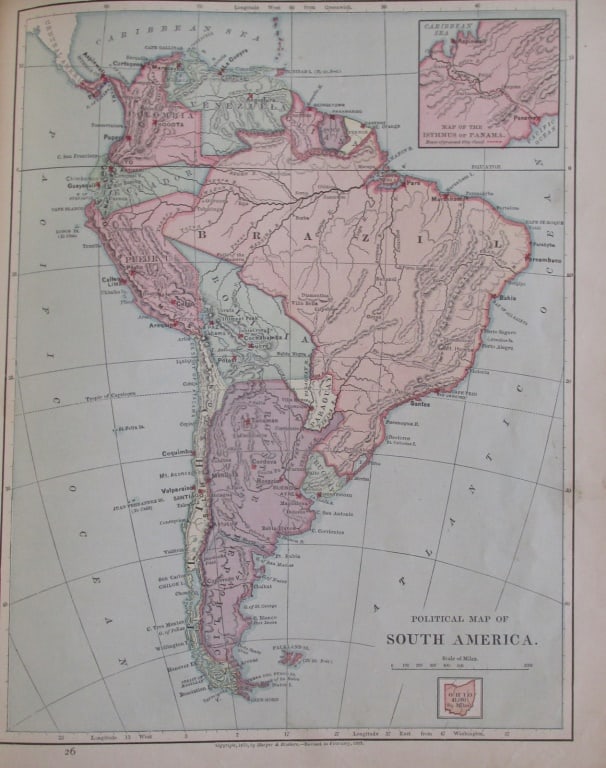 Political Map of South America: Political Map of South America Color Map. Publisher Harper Brothers Dated: 1888 Dimensions: 12 x 9" Condition Report Text on verso. Good