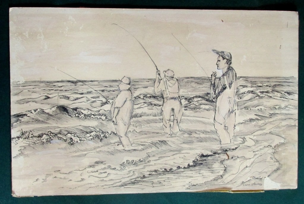 Lane Stanley (Rhode Island) Narragansett Fishing: Narragansett Fishing Lane Stanley Medium: Mixed media Pen and Ink Date: Circa 1940 Signed: Lower Right Style: Regionalism Origin: Rhode Island Size: 11 x 17 1/2" Subject: Fishing Condition: Sections