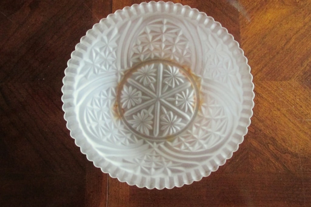 French Satin Glass Bowl: French Satin Glass Bowl Flower decoration on bottom - Geometric decorations on sides. Origin: France Date/Period: 19th/20th century Dimensions: H 2 3/4 W 8" Provenance: Hill House Glass Collection