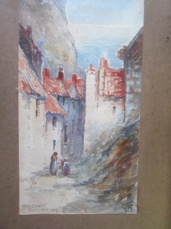 High Street Staithes 1909: "High Street Staithes Chalk [Auction marks] verso SHJ-18 Probably Christies Artist: Monogram GLTR Medium: Watercolor Date: 1909 Signed: l/r GLTR Sty