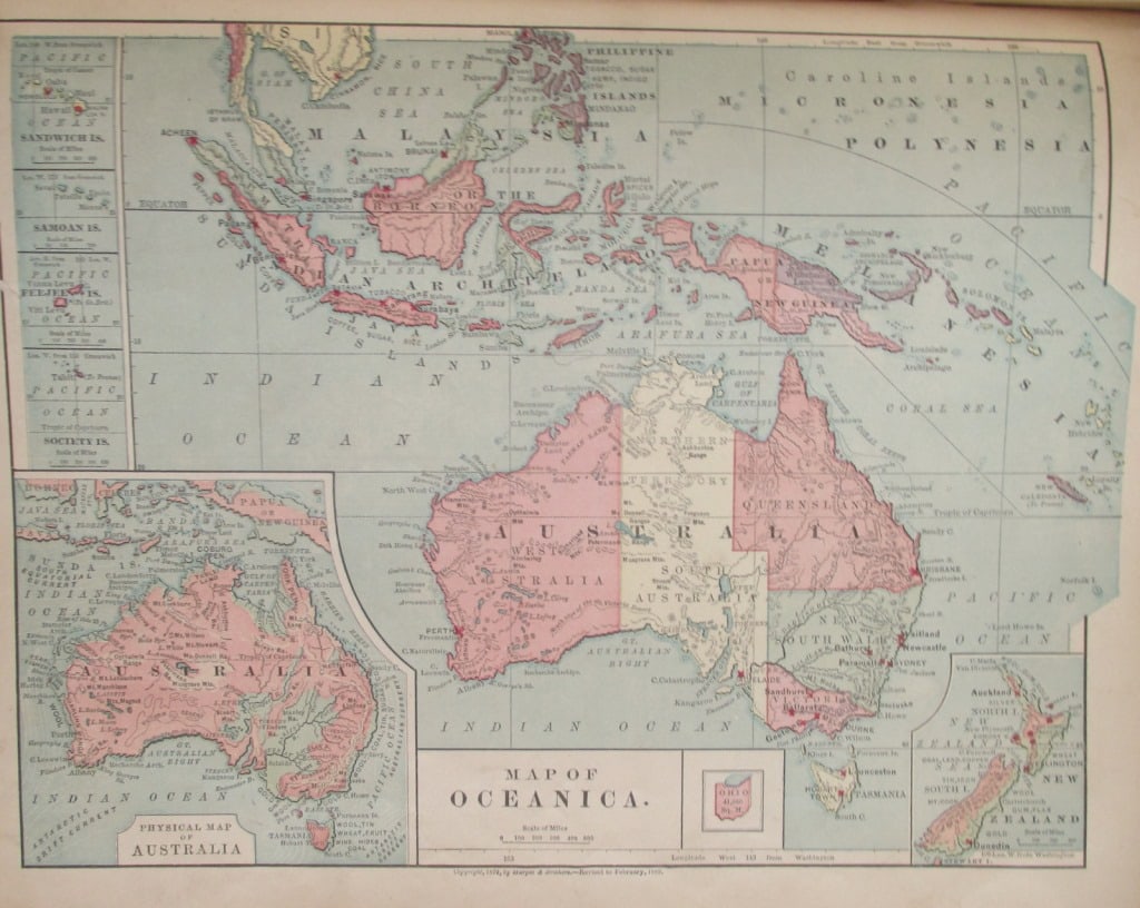 Map of Oceanica: Map of Oceanica Color Map. Publisher Harper Brothers Dated: Circa 1888 Dimensions: 12 x 9" Condition Report Text on verso. Good Plus.