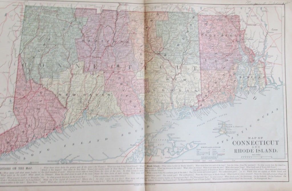 Map of Connecticut and Rhode Island 1889: Map of Connecticut and Rhode Island Color Map. Questions on the Map at base. Publisher Harper Brothers Dated: Circa 1888 Dimensions: 20 x 12"