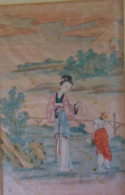Chinese Gouache on Silk 19th Century: Chinese Mother and Child Red/Gold wood frame. Date/Period: 19th Century Type: Watercolor/Gouache Dimensions: SS 8 1/2 x 5 1/2" Condition Report Some small brown spots.