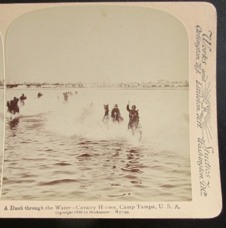 Cavalry Horses - Camp Tampa Florida: A Dash Through The Water - Cavalry Horses - Camp Tampa Florida A rare view. Spanish American War In usually Fine Condition Dated: 1898 Subject: Spanish