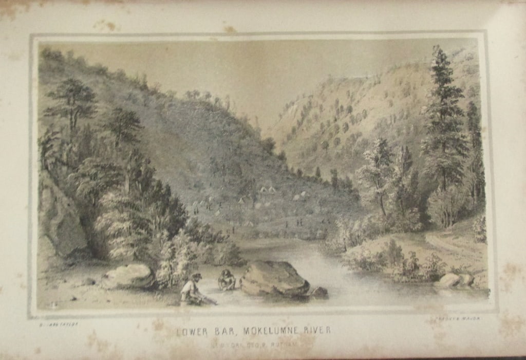 Lower Bar - Mokelumne - California Gold Rush: Lower Bar - Mokelumne - California Gold Rush A very early view of the California Gold Rush Sculptor/Engraver Sarony & Manor Print Type: Engraving. Da