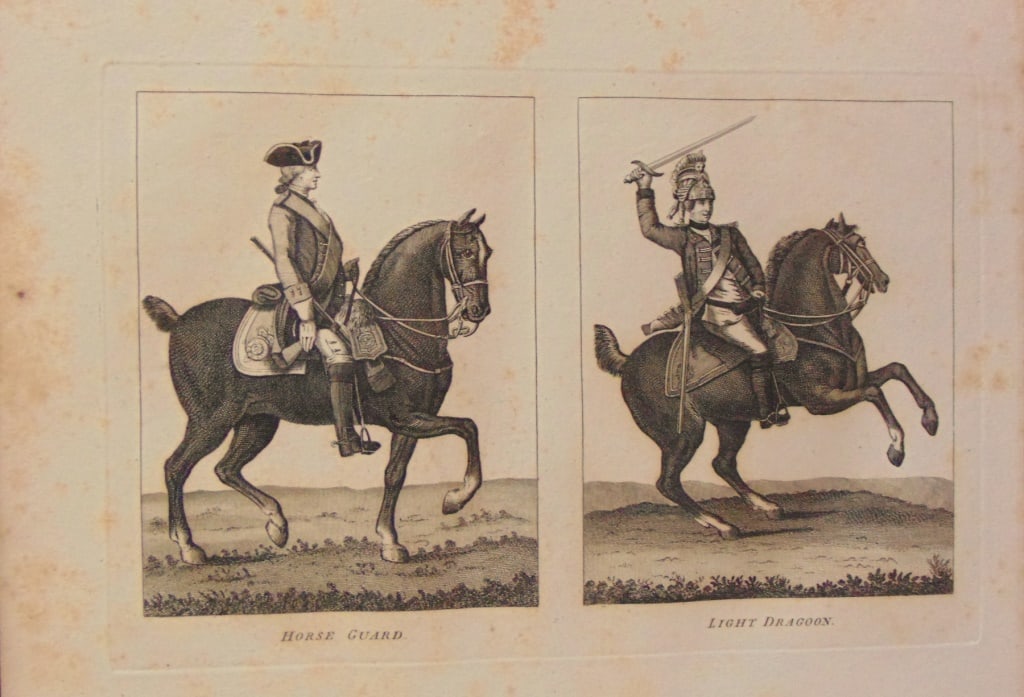 Horse Guard - Light Dragoon (18th Century): .Horse Guard - Light Dragoon (18th Century) Wonderful impression and detail. Rare Artist: N.C Goodnight Print Type: Copper Engraving Date: 18th century Origin: Great Britain Dimensions: 8 x 11"
