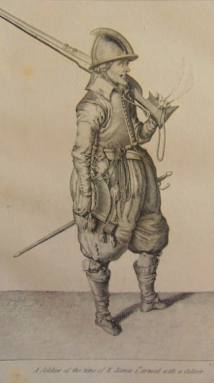 A Soldier of the Time of King James the 1st: .A Soldier of the Time of King James the 1st Armed with a Caliver Wonderful impression and detail. Rare Artist: N.C Goodnight Print Type: Copper Engraving Date: 18th century Origin: Great Britain