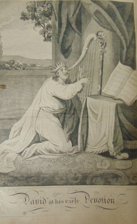 David at His Early Devotion: David at His Early Devotion Rare Artist: John Scoles Print Type: Engraving Date: Circa 1800 Origin: United States Dimensions: 7 x 10 1/2" Provenance: Hill House Print Collection Condition Report: