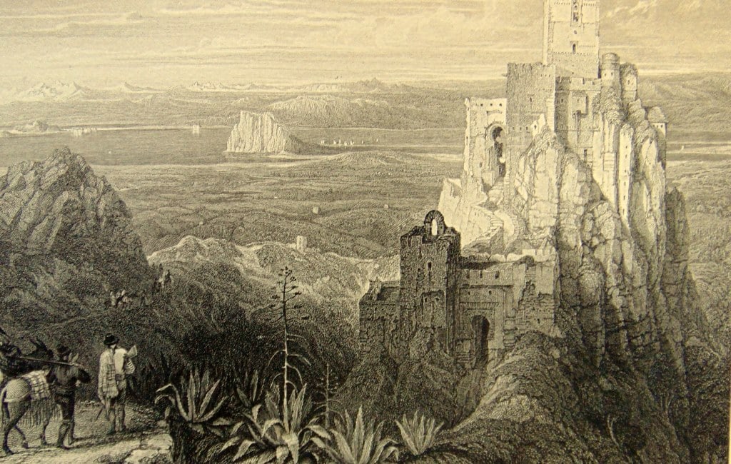 Gaucin Looking Towards Gibraltar - Spain: Gaucin Looking Towards Gibraltar and the Coast of Barbary - Spain Nicely done with wonderful detail. A rare look at Spain in the first part of the 19th century.. Artist: David Roberts Date: