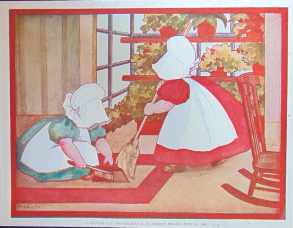 Sunbonnet Baby - Cleaning Day No 3: Sunbonnet Baby - Cleaning Day Supplement to the New York Sunday World - June 16, 1907. - No. 3 in pencil. Pre December 8, 1907 Comic Strip. There were four in the series. Extremely rare. Artist: Be