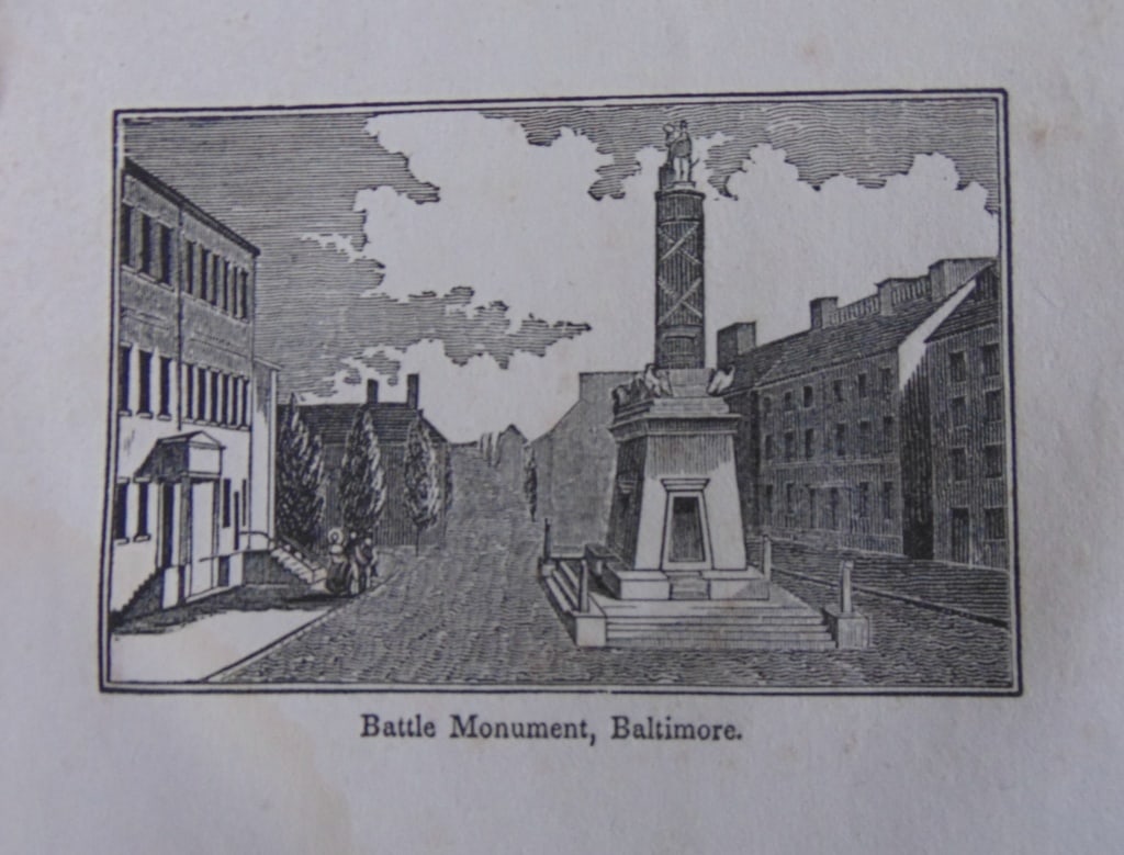 Early Wood Engraving - Battle Monument - Baltimore: Early Wood Engraving of Battle Monument - Baltimore Print Type: Wood Engraving Date: 1st half 19th century Dimensions: 5 x 4" Condition Report: Some staining left corner and right corner. Subject