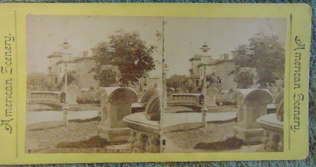 Arnold Park - Entrance on East Avenue Rochester NY: Arnold Park - Entrance on East Avenue, Rochester, N.Y. With undetermined building. Dated: Circa 1872 Subject: City View Medium: Stereoview<