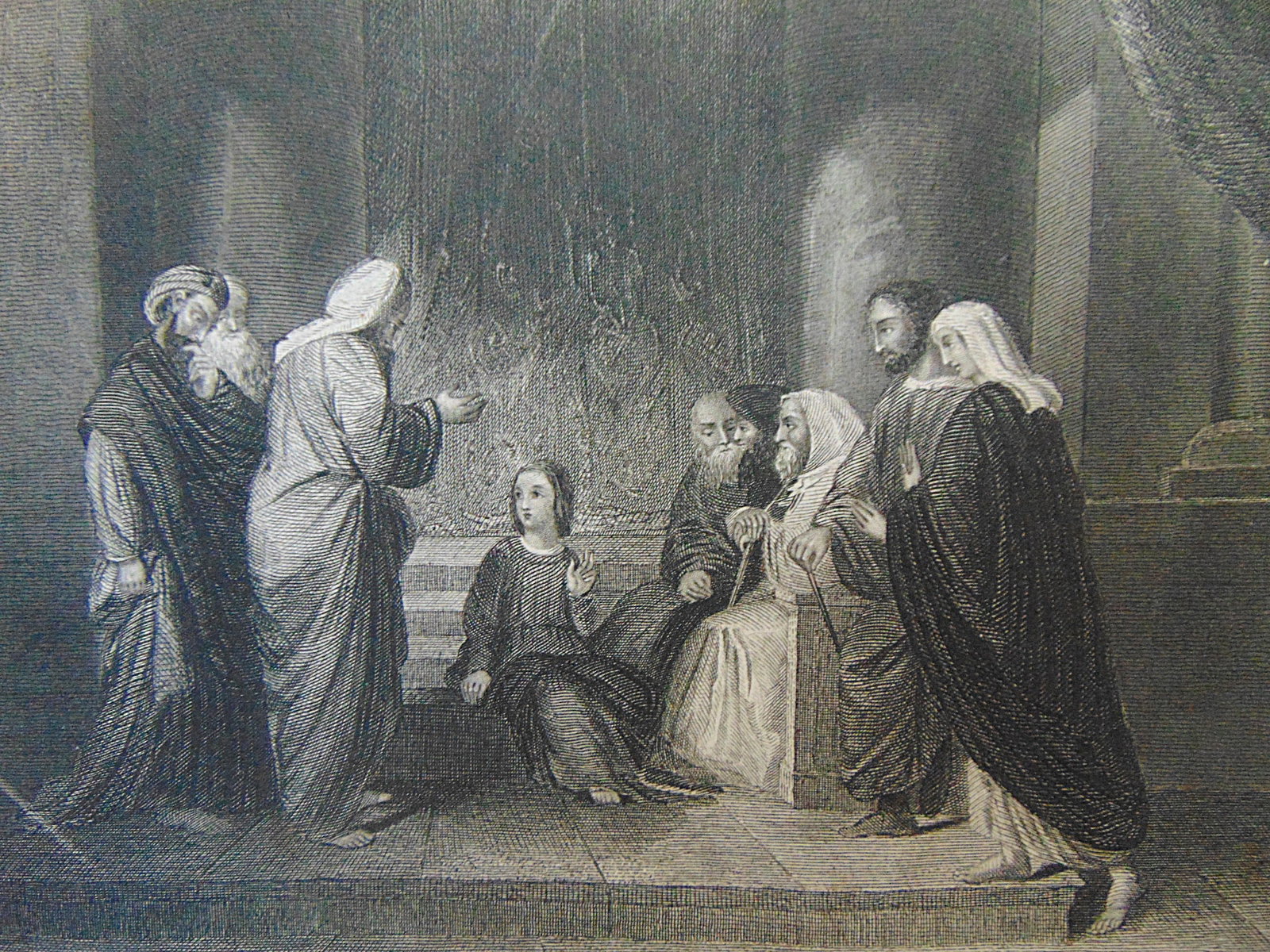 Christ With The Doctors: b>Christ With The Doctors This evocative biblical scene, inspired by the story of Jesus at the Temple in Luke 2:46 Print Type: Engraving Date: C1840 Dimensions: 8.5 x 5 Provenance: Hill House Print