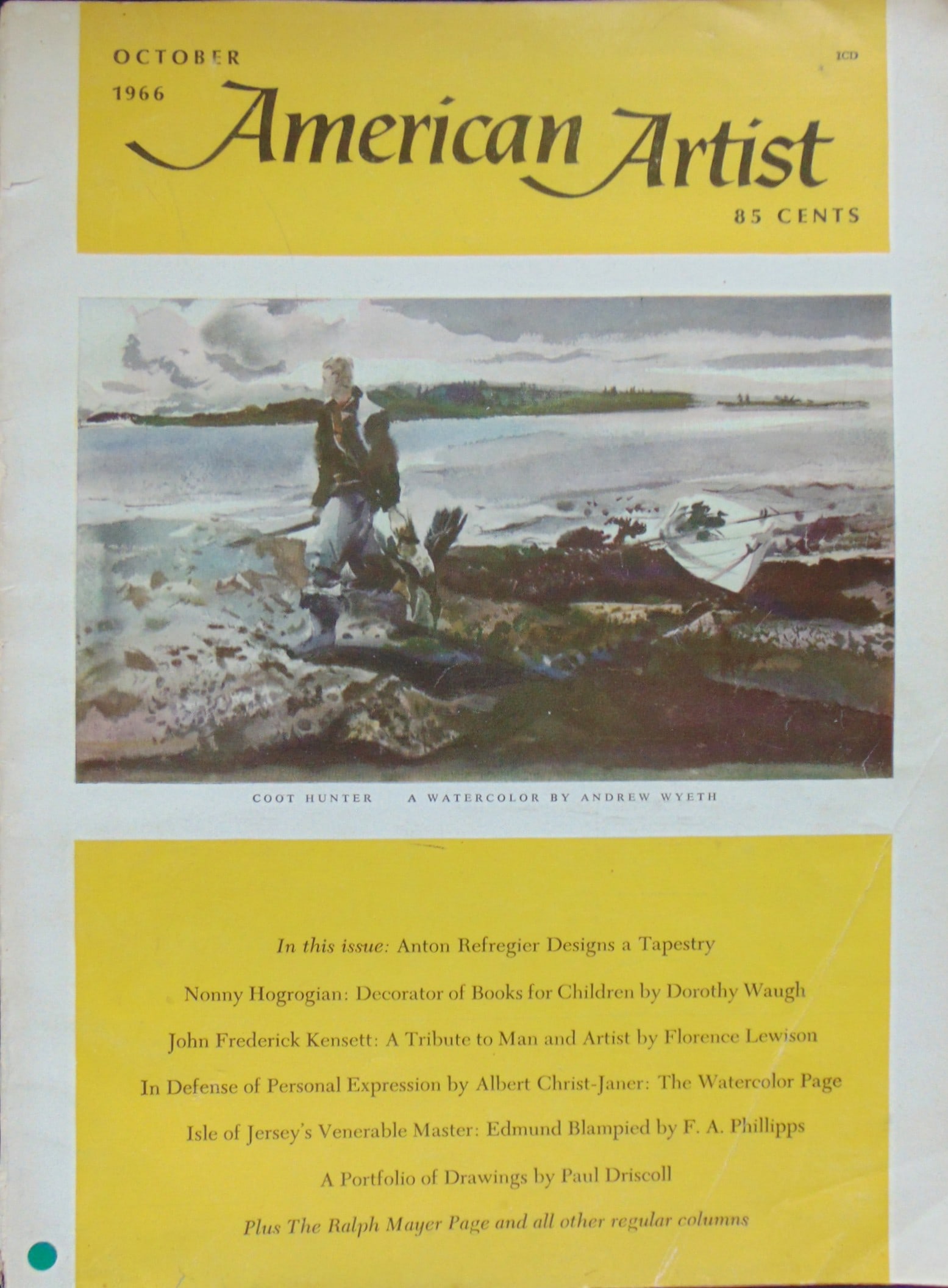 American Artist - October 1966: American Artist - October 1966 Contants Cover Illustration: Coot Hunter by Andrew Wyeth. Articles on John Freederick Kensett - Albert Christ-Janer - Edmund Blampied - Anton Refregier Tapestries -