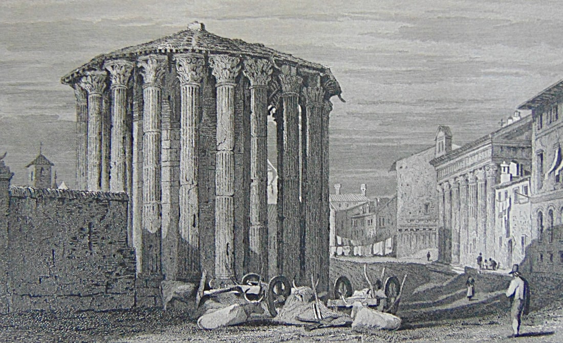 Engraving of the Temple Vesta and House of Rienzi: Early Engraving of the Temple Vesta and House of Rienzi Italy Artist: Samuel Prout Print Type: Engraving Date: C1830 Origin: British Dimensions: 4.1/2 x 7 3/4"