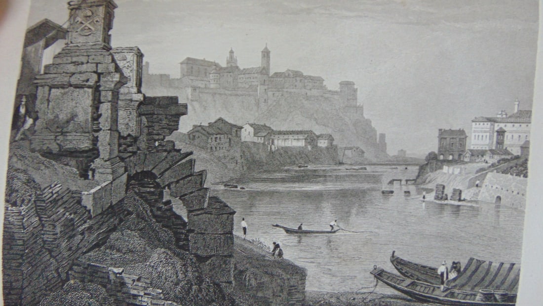 Early Engraving of Mount Aventine Italy: Early Engraving of Mount Aventine From the Ponte Rotto Italy Artist: Samuel Prout Print Type: Engraving Date: C1830 Origin: British Dimensions: 4.1/2 x 7 3/4"