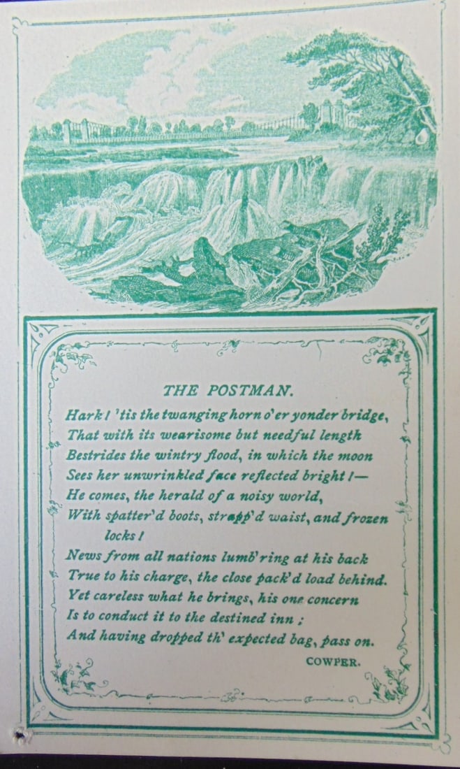 The Postman - Cowper: The Postman - Cowper Verso of card is blank. Victorian Card - Rare Dated: 19th Century Type Lithograph Size: 4 3/4 x 3 1/2" Condition Report Very Good Plus Subject References: 224F