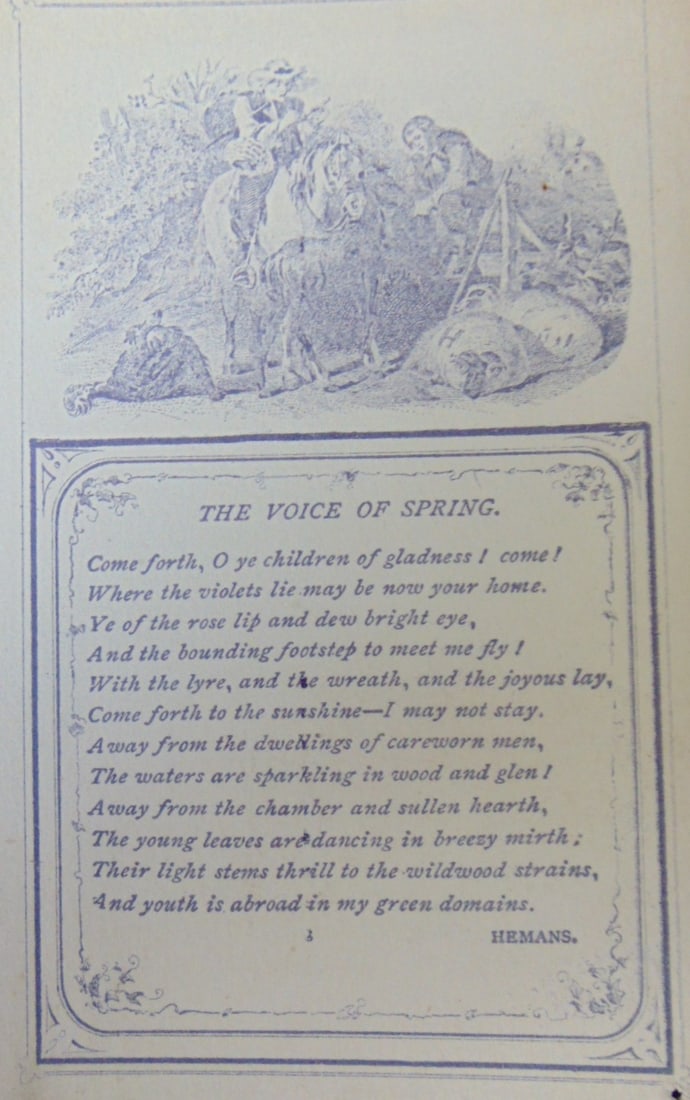 The Voice of Spring - Hemans: The Voice of Spring - Hemans Verso of card is blank. Victorian Card - Rare Dated: 19th Century Type Lithograph Size: 4 3/4 x 3 1/2" Condition Report Very Good Plus Subject References: 224F