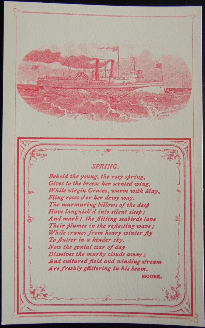 Spring - Thomas Moore - Red Side Wheeler: Spring - Thomas More - Red Side Wheeler Ship Verso of card is blank. Victorian Card - Rare Dated: 19th Century Type Lithograph Size: 4 3/4 x 3 1/2" Condition Report Very Good Plus Subject References: