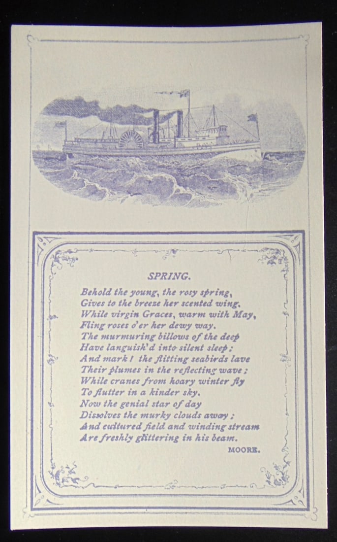 Spring - Thomas Moore - Blue Side Wheeler: Spring - Thomas More - Blue Side Wheeler Ship Verso of card is blank. Victorian Card - Rare Dated: 19th Century Type Lithograph Size: 4 3/4 x 3 1/2" Condition Report Very Good Plus Subject