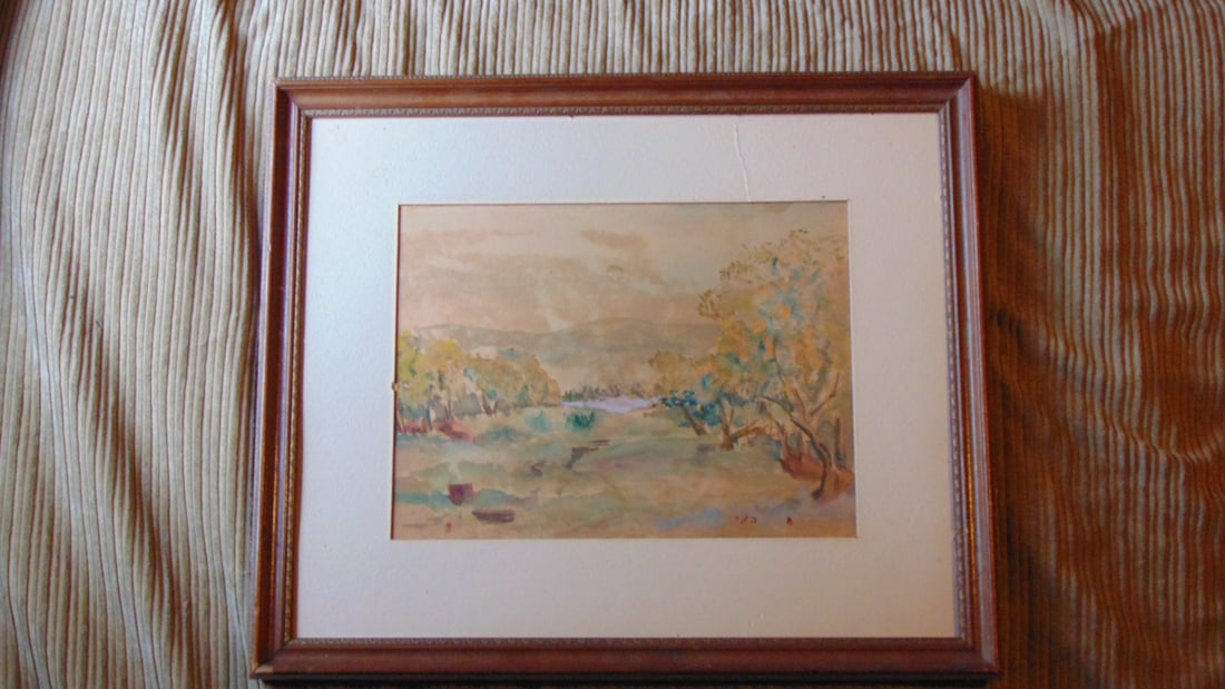 Landscape Mountains Fields and Pond Illegible: Landscape of Mountains Fields and Pond Monogram lower left HJ? and unknown script lower right Medium: Watercolor Date: 19th/20th century Size: SS 9 x 12" Frame: Wood 16