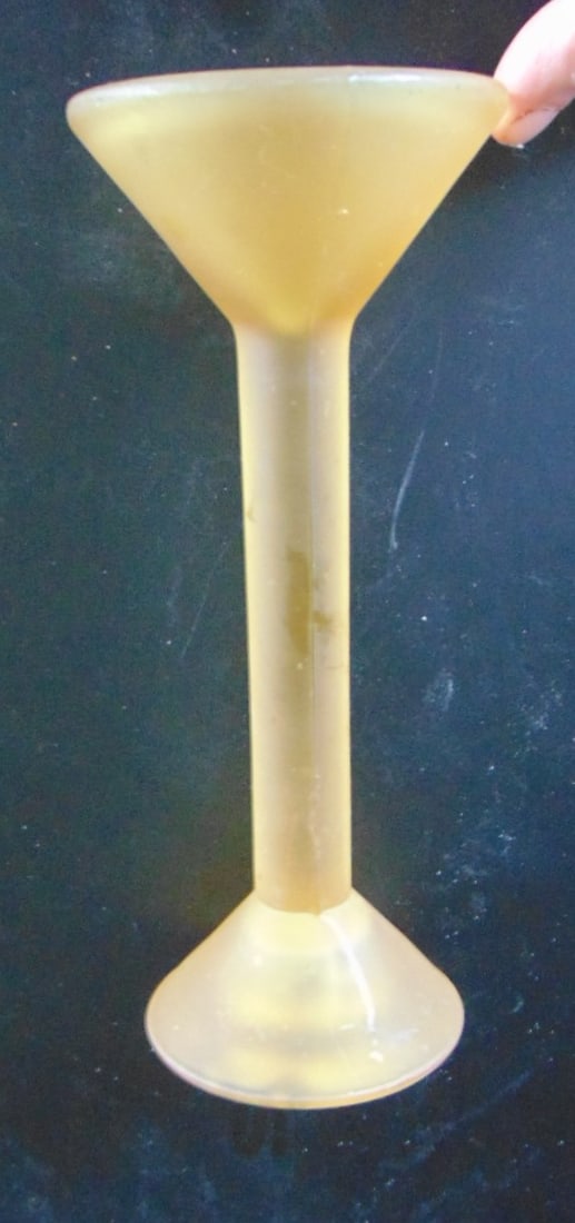 Art Deco Yellow Satin Glass Candlestick: Art Deco Yellow Satin Glass Candlestick Double seam Maker: Unknown Type: Candlesticks Dimensions: 7" Condition Report Small stain top rim. Else very good.