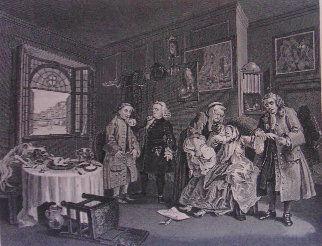 Marriage A La Mode #6 - William Hogarth: Marriage A La Mode #5 - William Hogarth Death of the Countess Artist: After Willaim Hogarth Print Type: Engraving Date: nd Dimensions: 12 x 8" Condition Report: <