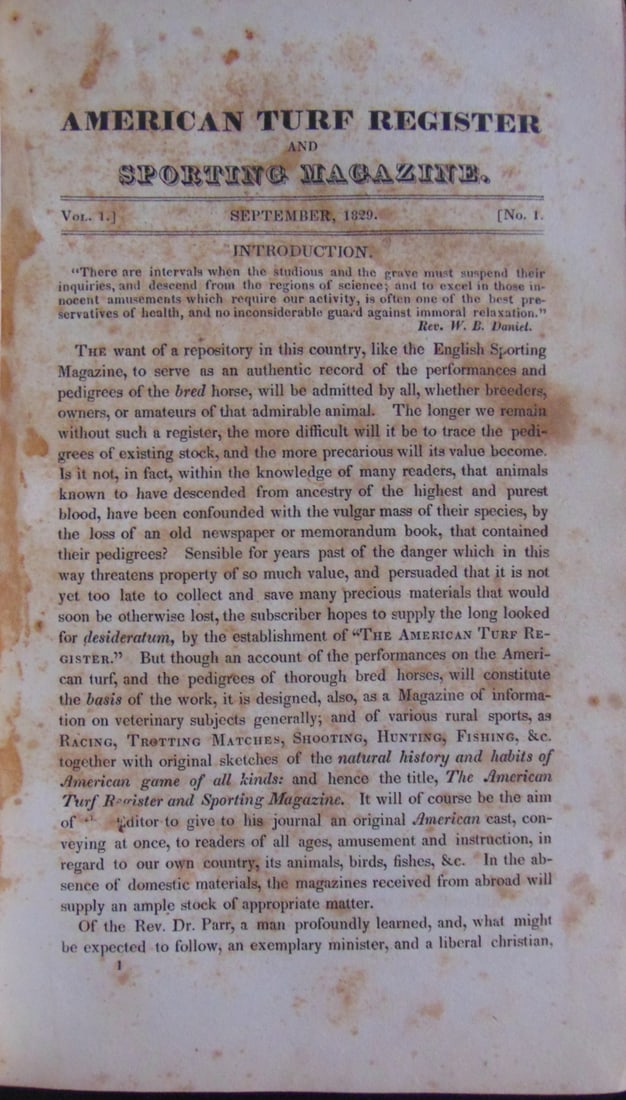 American Turf Register and Sporting Magazine: American Turf Register and Sporting Magazine Volume 1 - Contains run of 11 issues from September, 1829 through August, 1830. Dated: 1830<