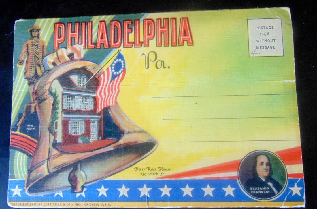 Philadelphia, PA - Folding Souvenir Postcard Set: Philadelphia, PA - Folding Souvenir Postcard Set Views back to back 9/18 views. Dated: 1937 Publisher: Curt Teich Condition Report Small corner chip on Betsy Ross