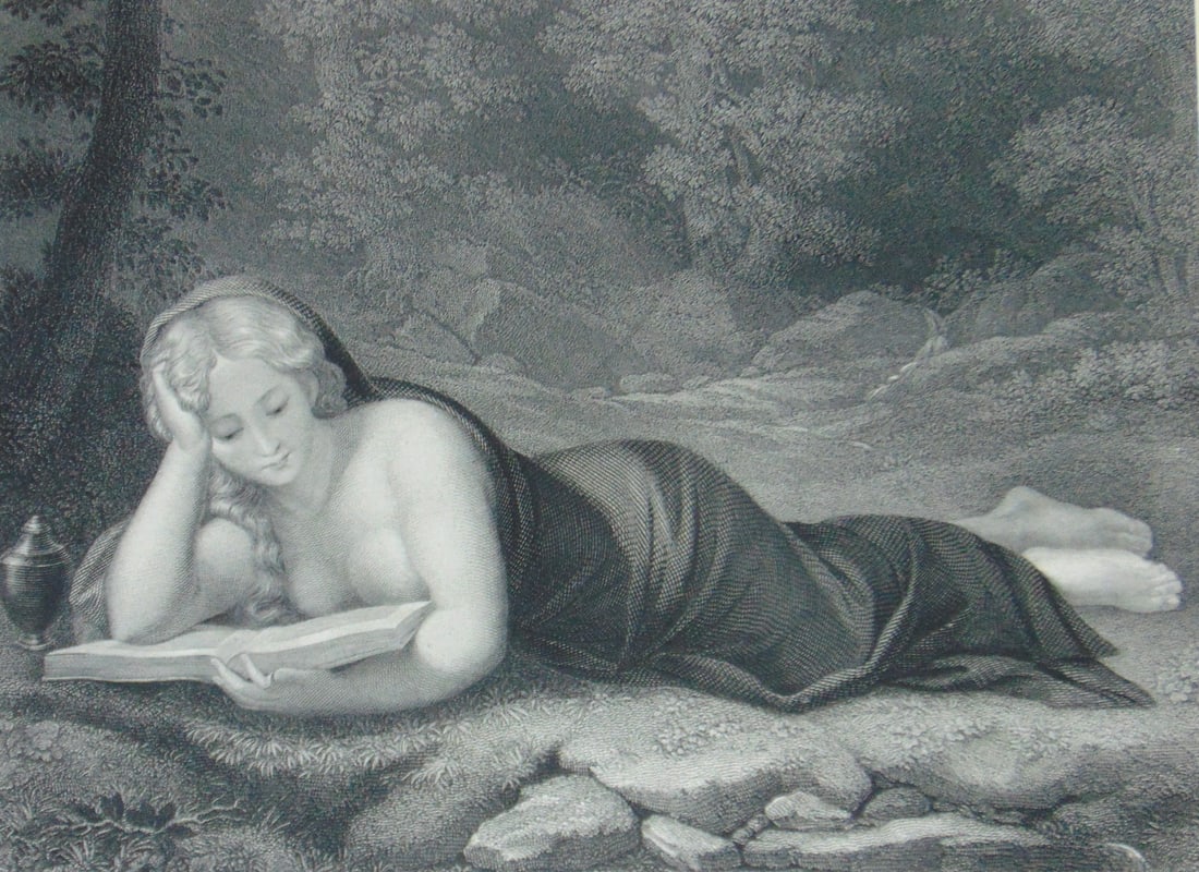 The Magdalen: The Magdalen Artist: Correggio Print Type: Engraving Date: C1850 Publisher: Gebbie & Barrie Dimensions: 9 1/2 x 12 1/2 Notes & Literature: Condition Report: Fine Subject References: 174F - LF