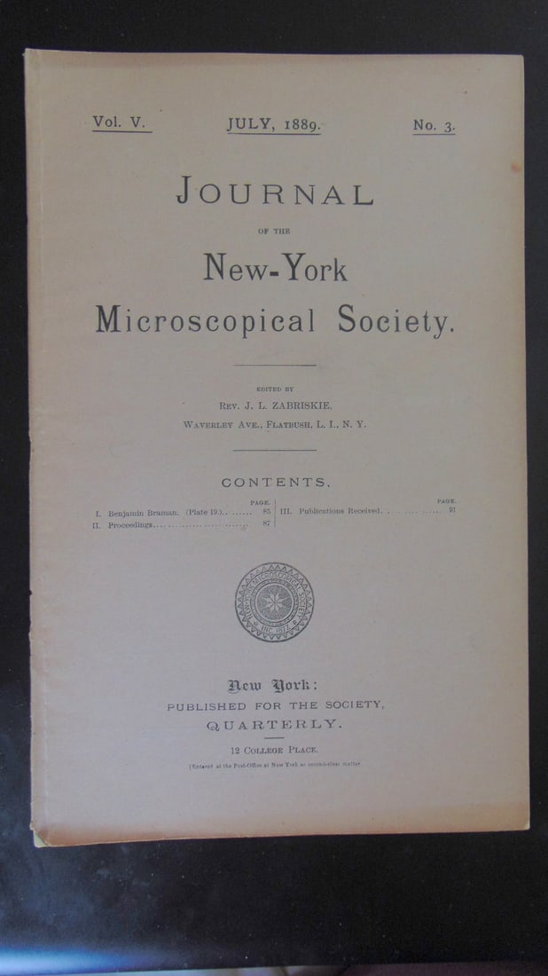 The Journal New York Microscopical Society: The Journal New York Microscopical Society Lot of 10 issues. All from the 1880's and 1890's. The New York Microscopical Society was a leading organization in the field of microscopy in the 19th centur