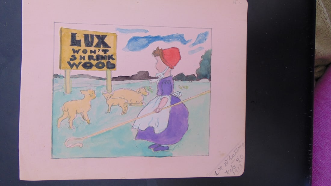 Lux Won't Shrink Wool: Lux Won't Shrink Wool Artist: L. F. Whatting Medium: Watercolor Date: Feb. 20. 1913 Signed: L. F. Whatting Size: 6 1/4 x 7 1/2" Condition: Very Good Subject References: 143F