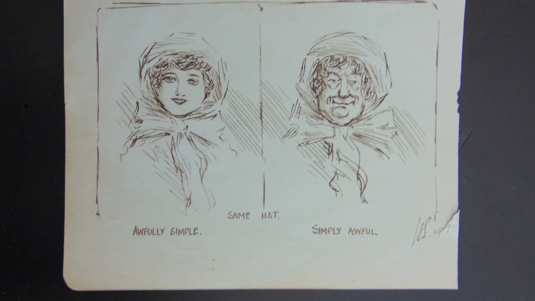 Awfully Simple - Simply Awful: Artist: LH Medium: Brown Ink Date: 1911 Signed: LH Size: 4 1/4 x 5 1/2" Condition: One small edge tear. Very Good. Subject References: 143F