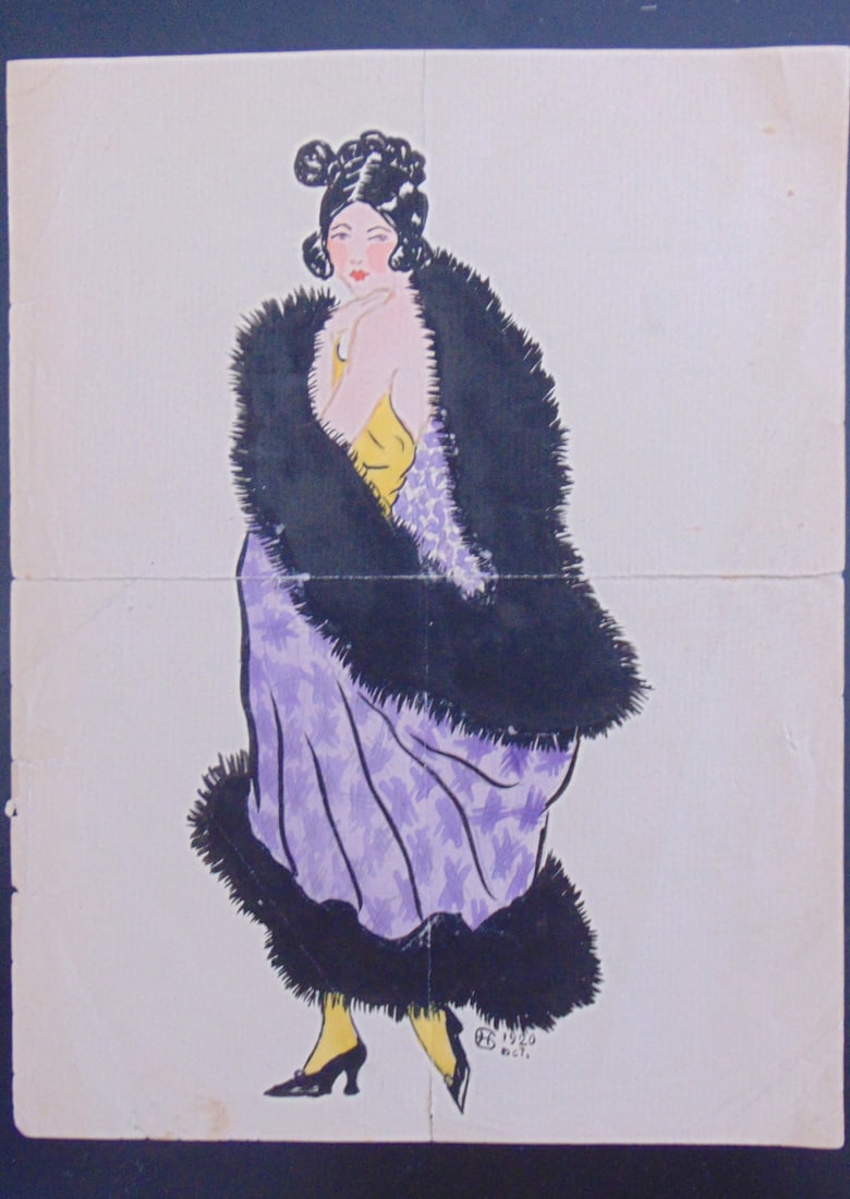Cosmopolitan Lady - Roaring Twenties: Cosmopolitan Lady - Roaring Twenties Artist: GH or HG Medium: Pen & Ink - Watercolor Date: Oct 1920 Signed: with Monogram Size: 9 1/2 x 6 1/2 Condition: Some split on center fold. Subject References: