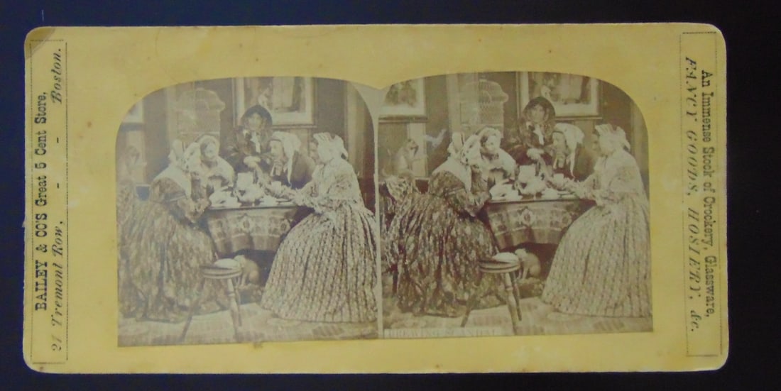 Brewing Scandal - Stereoview: Brewing Scandal Bailey & Cos. Boston, Dated: 1861-1873 Subject: 19th century City Views Medium: Stereoview Dimensions: 7 x 3 1/2"
