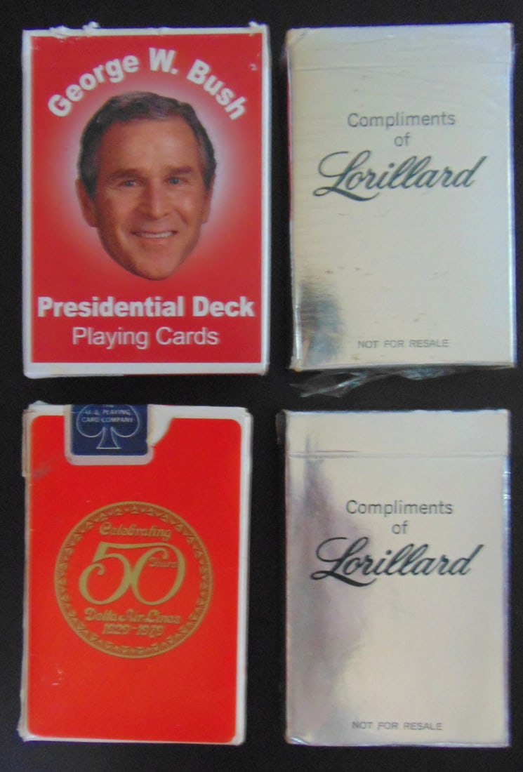 President George Bush Playing Cards PLUS 3 MORE: President George W. Bush Presidential deck Playing Cards (Re-elect in 2004). PLUS Delta Air Lines 1929 - 1979 - 2 packs of Lorillard Cigarettes. Condition Report All o